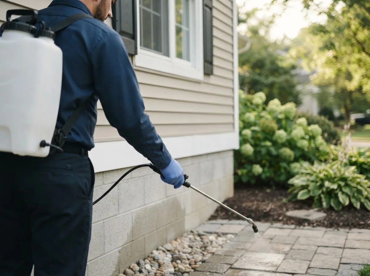 Pest control technician inspecting a home in Waldron, MI
